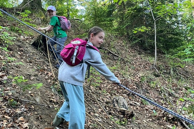 Zwei Kinder beim Abseilen am steilen Hang im Wald