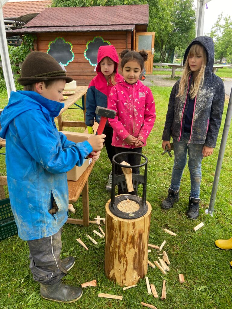 Junge beim Holzspalten für die Zwergenfeuer