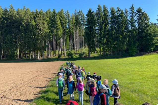 Die ganze Schule auf dem Weg in Richtung Wald