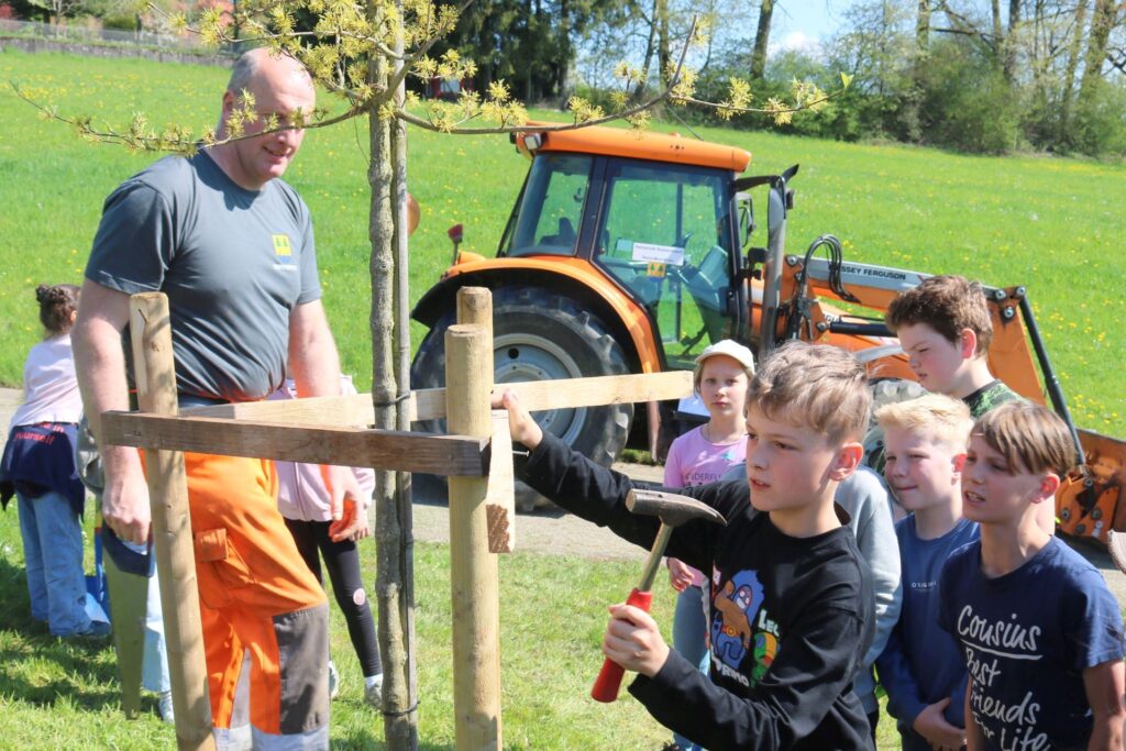 Mit Hilfe der Bauhofmitarbeiter werdem dem Baum noch Stützpfähle zur Seite gestellt.