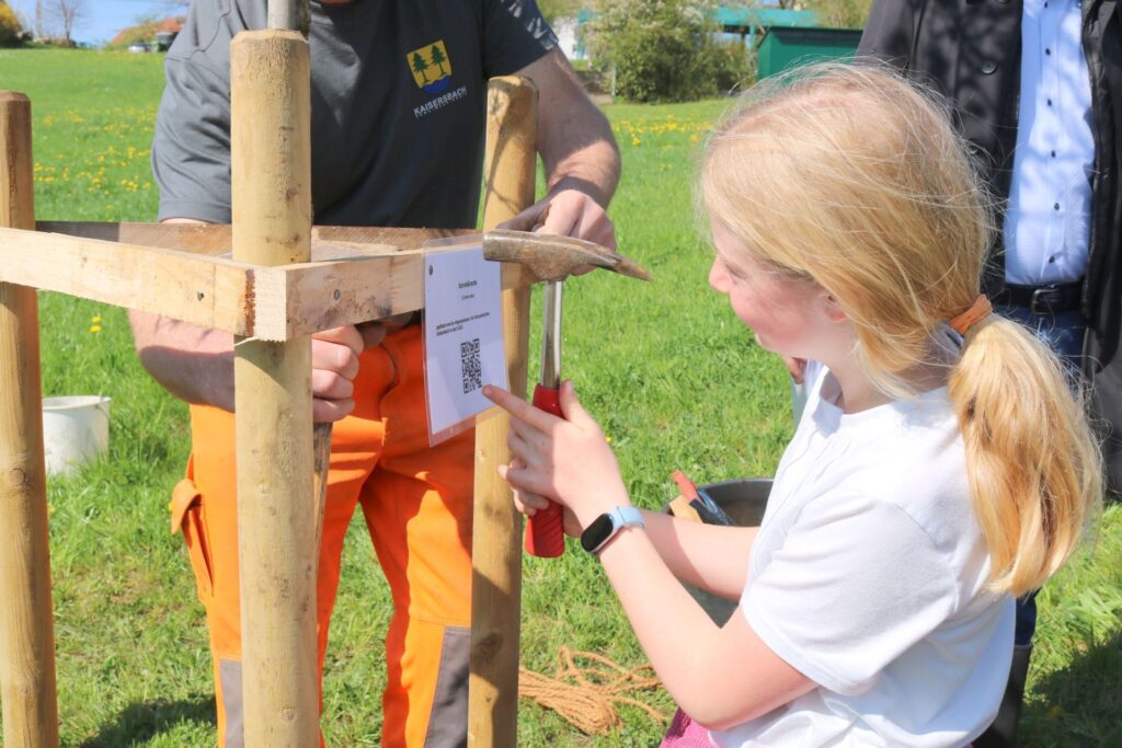 EIn Mädchen der Klasse 4 befestigt noch das Schild mit QR-Code.